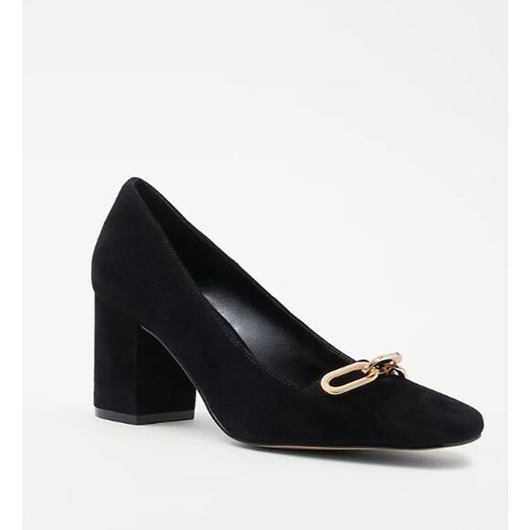 NWOB Ann Taylor Chain High Block Heel Suede Pumps Gold - Picture 7 of 7
